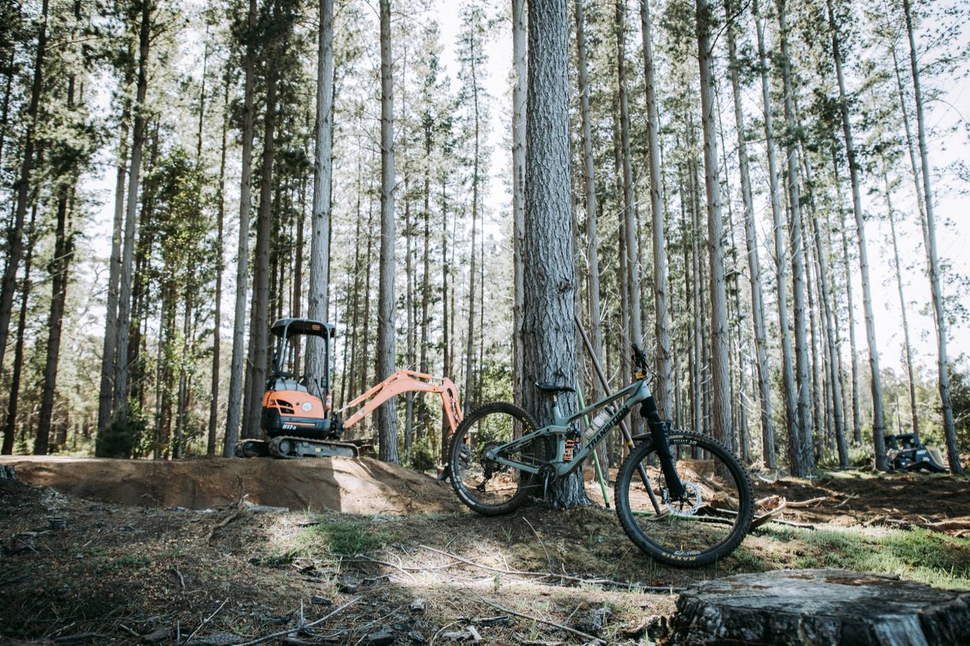 Bike leaning against a pine while the excavator works the trail behind